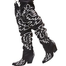 欧洲站拼色电绣坡跟尖头时尚走秀高帮靴 冬季时尚街拍靴子boots