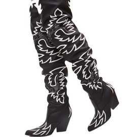 欧洲站拼色电绣坡跟尖头时尚走秀高帮靴 冬季时尚街拍靴子boots