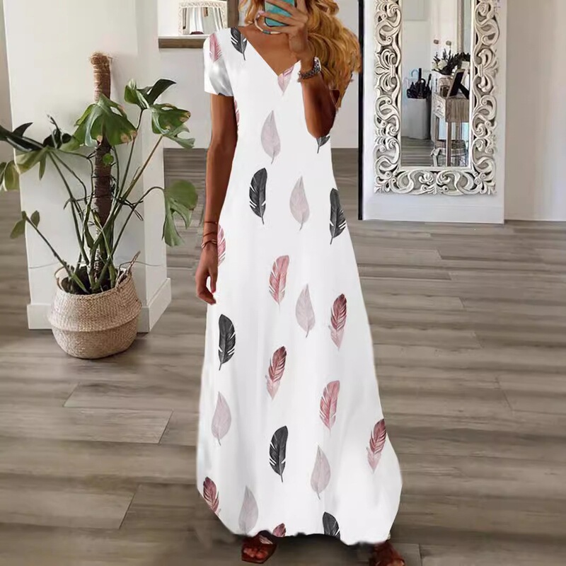 Cross-Border New Summer Long V-Neck Short-Sleeved Dress with 3D Printing in Large Sizes for Europe and America