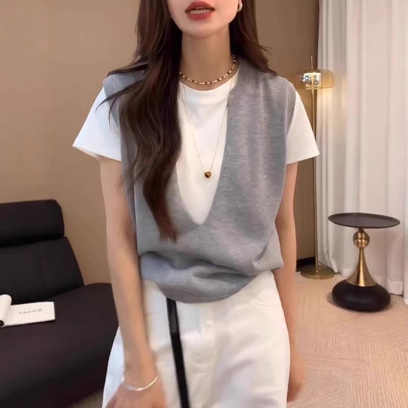 假两件短袖针织衫t恤女大码夏季胖mm冰丝薄款宽松显瘦上衣|undefined