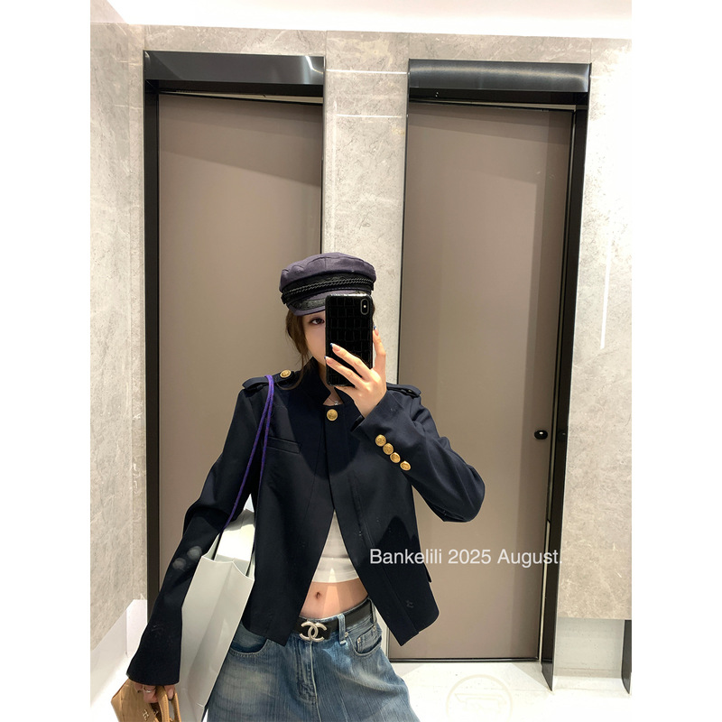 板栗可可Bankelili'睿智老钱'半开襟一粒扣老钱短款立领外套女秋|undefined
