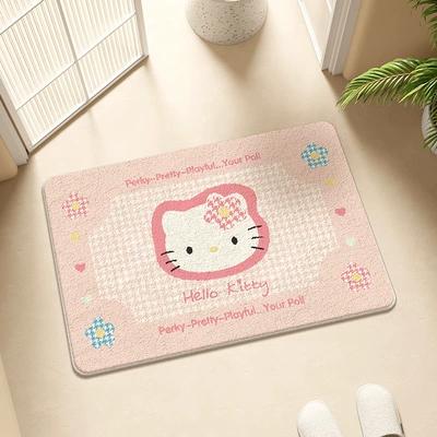 Avtomobil döşəmə paspasları, Foot Mat Bedroom Bedside Blanket - hello-kitty-houndstooth-pink-4060cm-imitation-cashmere-dot-plastic-bottom