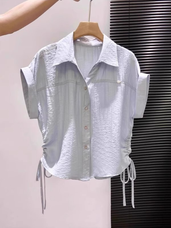 蓝色短款短袖多巴胺上衣女2025夏法式掐腰娃娃衫明媚独特Polo衬衫|undefined