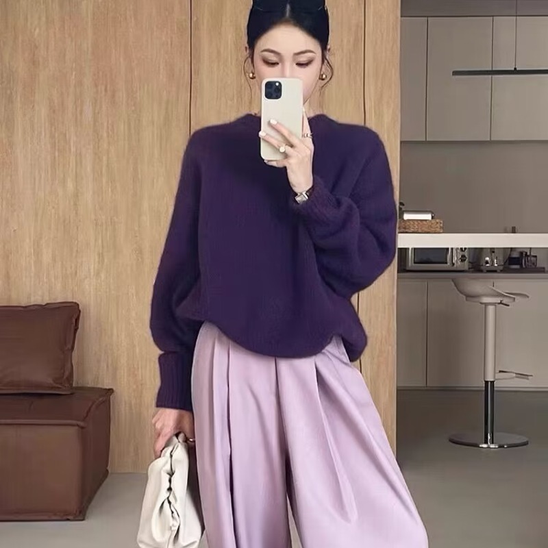 今年流行的紫色羊绒毛衣女新款秋冬高级感奶fufu加厚针织衫上衣潮|undefined