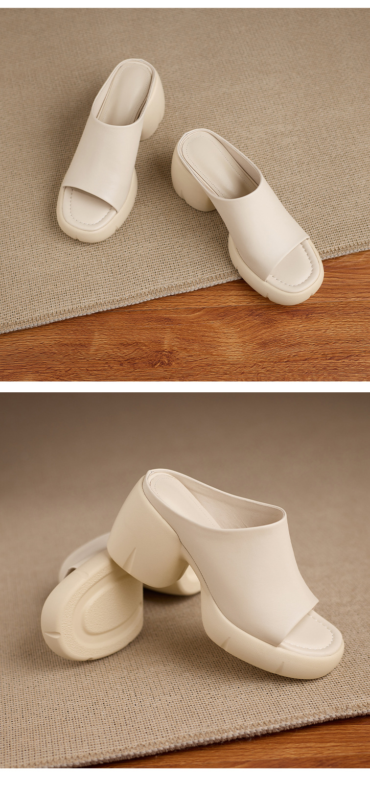 Sandal cao gót nữ hở mũi quai ngang da thật gót vuông 9 cm — màu đen, màu trắng ngà chi tiết 14