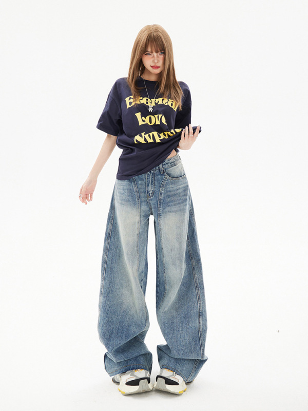 アメリカンレトロワイドレッグジーンズ女性秋ハイウエストストレート梨型ボディルーズシルエット鎌パンツスモールパンツ|undefined