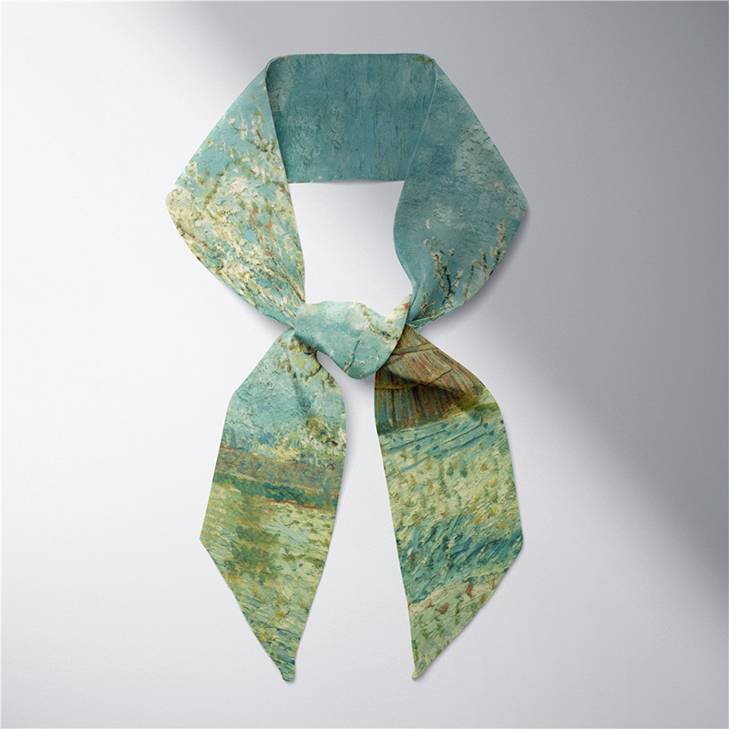 Verano larga pequeña bufanda de seda femenina Van Gogh campo de trigo cielo estrellado pintura al óleo delgada estrecha larga pequeña bufanda de seda corbata de pelo decoración femenina