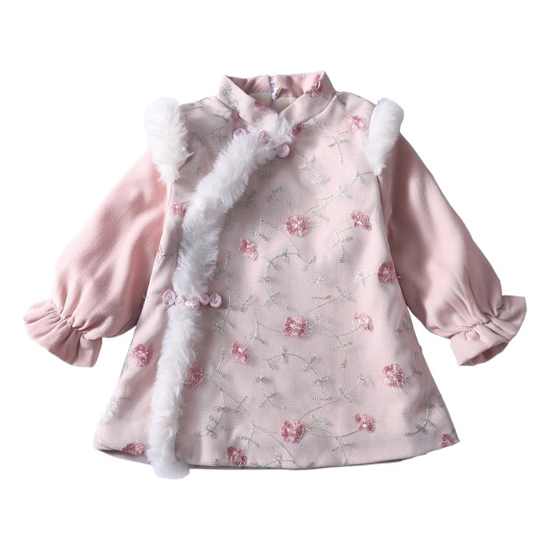 Conjunto de invierno para niña con traje Tang de estilo chino y vestido cheongsam, forrado de lana y engrosado, atuendo de Año Nuevo para niños a la moda.