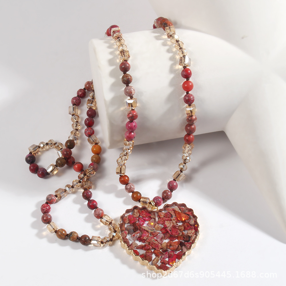 70g Weight Sweater Chain Classification Glass Chain Material 1 Piece Quantity Daily Occasion Glass Material Heart Shape Pattern Women's Gender Beaded, Plating Design Bohemian Style Bohemian Heart Shape Glass Stone Sweater Chain In Bulk Natural Stone Necklace 6