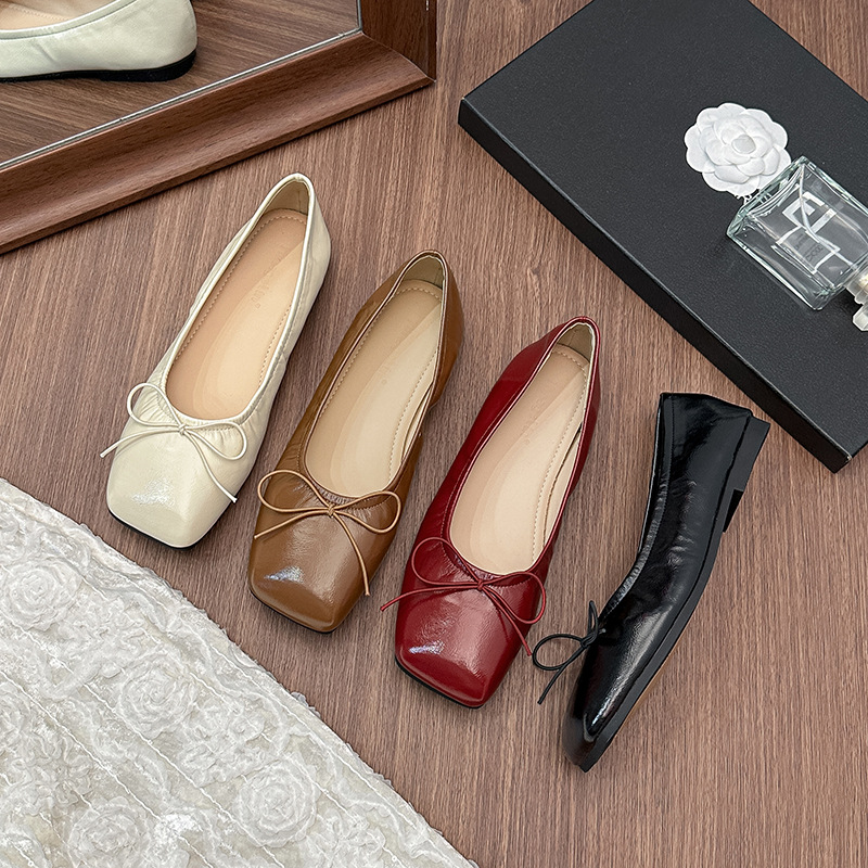 Soft Ballet Shoes Women's 2024 New Spring and Autumn All-match Bow Pumps Square Head Shallow Nipple Shoes Flat Shoes