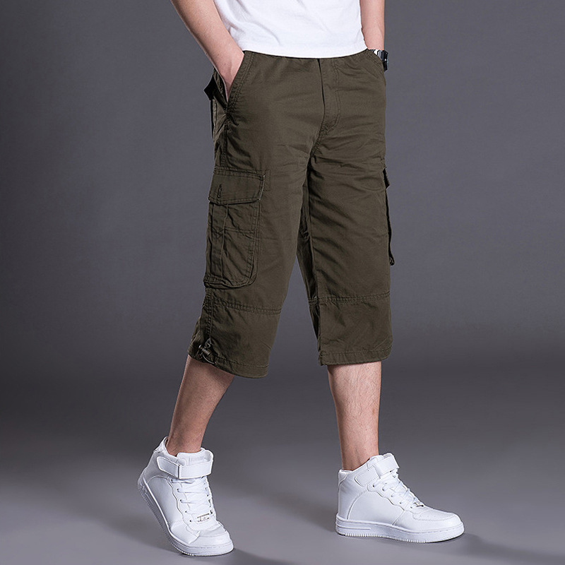 Men's Summer Pure Cotton Casual Cropped Pants Multi-Pocket Large Size Loose Cargo Shorts Elastic Waist Mid-Pants Beach Pants