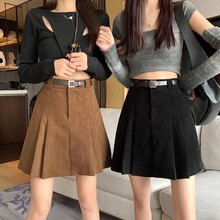 高腰A字灯芯绒短裙女春秋咖色防走光百褶裙半身裙子大码小众减龄
