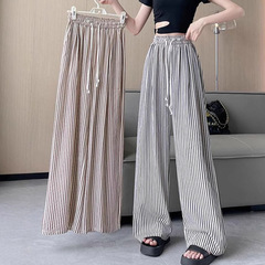 女性用ストレートパンツ、縦縞デザインパンツ、薄手、ハイウエスト、カジュアル、ゆったり、レイジースタイル、ワイドレッグパンツ