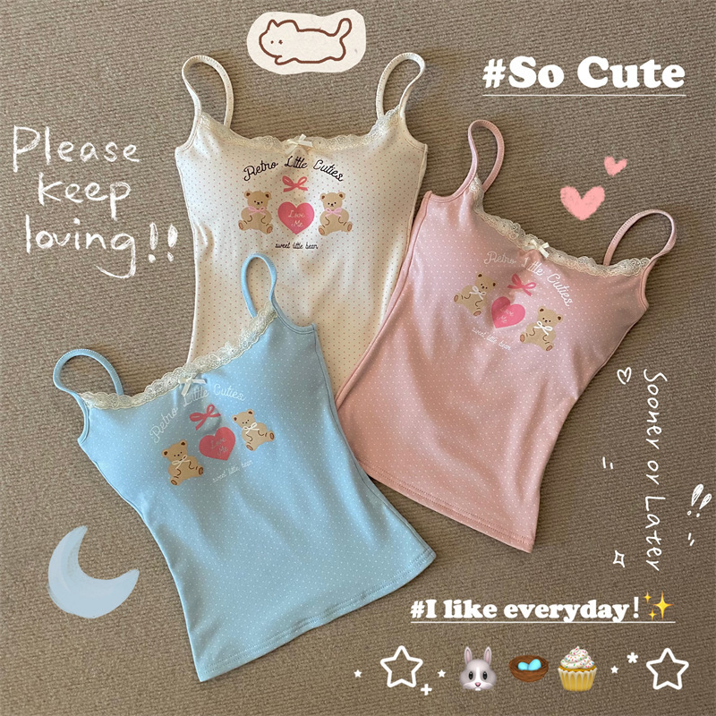 American Style Beautiful Cute Lace Lace Bear Vest Women's Summer Outer Wear Sleeveless Hot Girl Short Sling Top Women's
