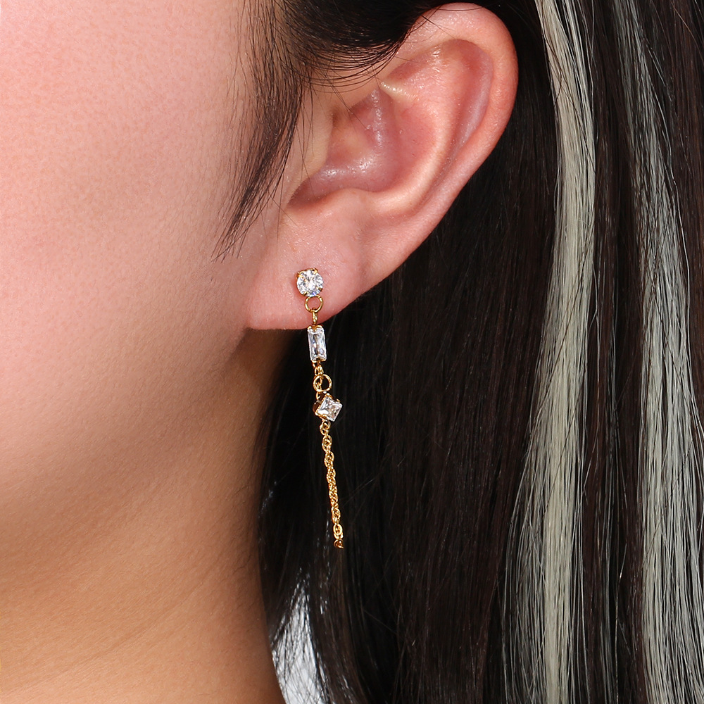 Fashion Womenu0027s Stainless Steel Square Geometric Zircon Chain Earrings