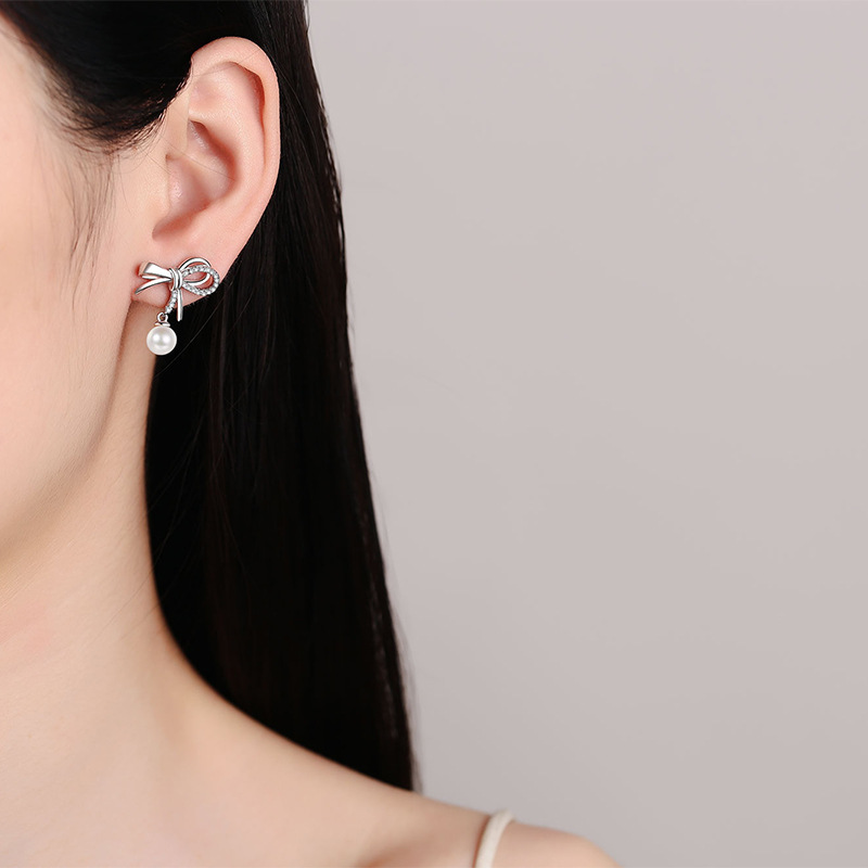 D Colour Moissanite Pearl Bowknot Drop Earrings Sterling Silver_voghion.com