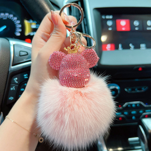 Creative Diamond-embellished Large Bear Keychain Genuine Leather Grass Fox Fur Car Keychain Bag Hook Fashion Small Gift