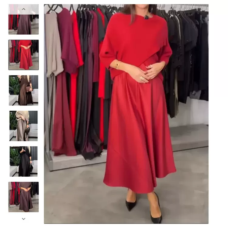 外贸跨境欧美亚马逊冬季新款圆领五分袖简约纯色优雅连衣裙