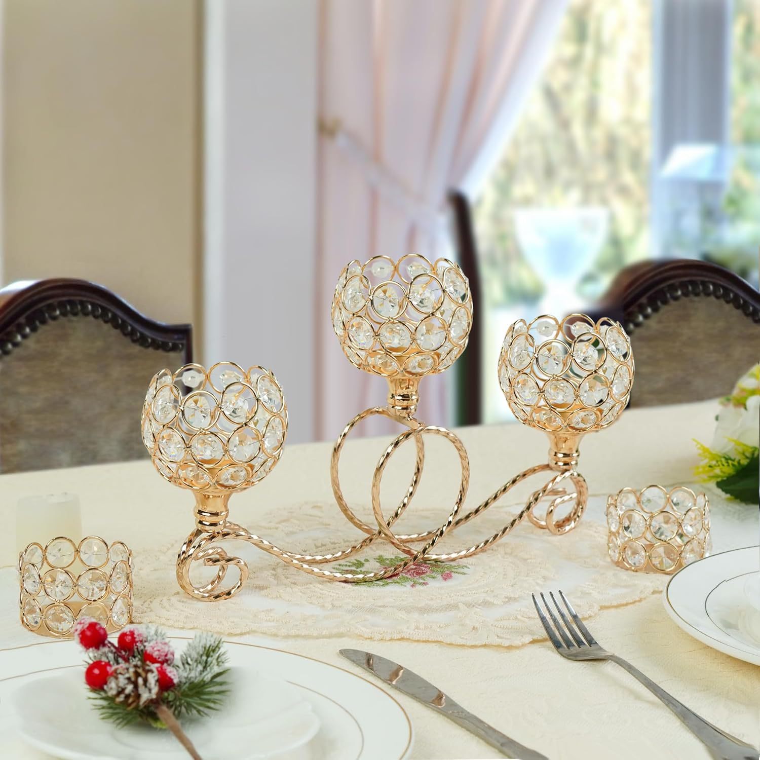 Amazon Metal chapado 3 cabezas 5 brazos combinación de té de cristal candelabro elegante mesa de boda centro decorativo candelabro