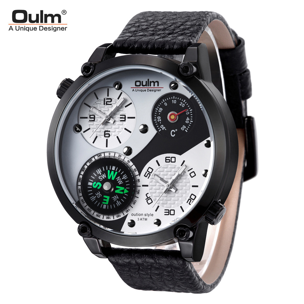 Men's Large Dial Thermometer Dual Time Zone Watch With Compass Genuine Leather Quartz Movement_voghion.com