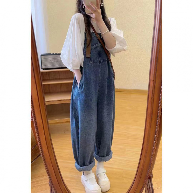 微胖mm时髦套装小个子穿搭春秋泡泡袖上衣水洗牛仔背带裤两件套女|undefined