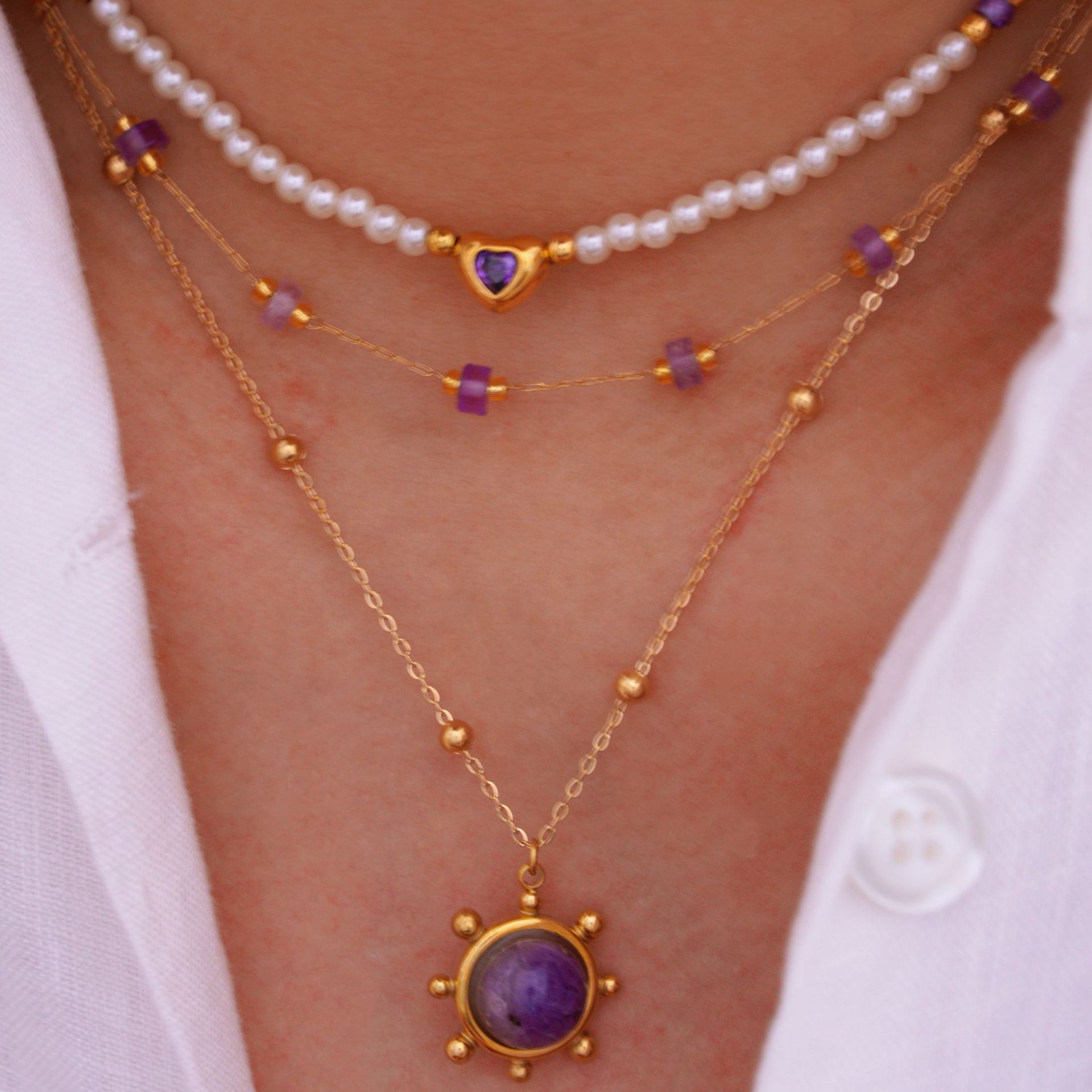 8g Weight Elegant Lady Simple Style Geometric Natural Stone Titanium Steel Beaded Chain Cable Chain Necklace In Bulk