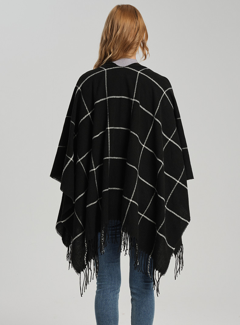 Unisex Cape Spring and winter woven acrylic large plaid tassel split cape_voghion.com