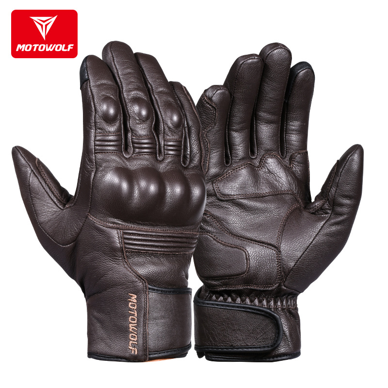 Motocicleta invierno más guantes de cuero de terciopelo ciclismo al aire libre guantes de cuero gruesos a prueba de caídas guantes de caballero retro