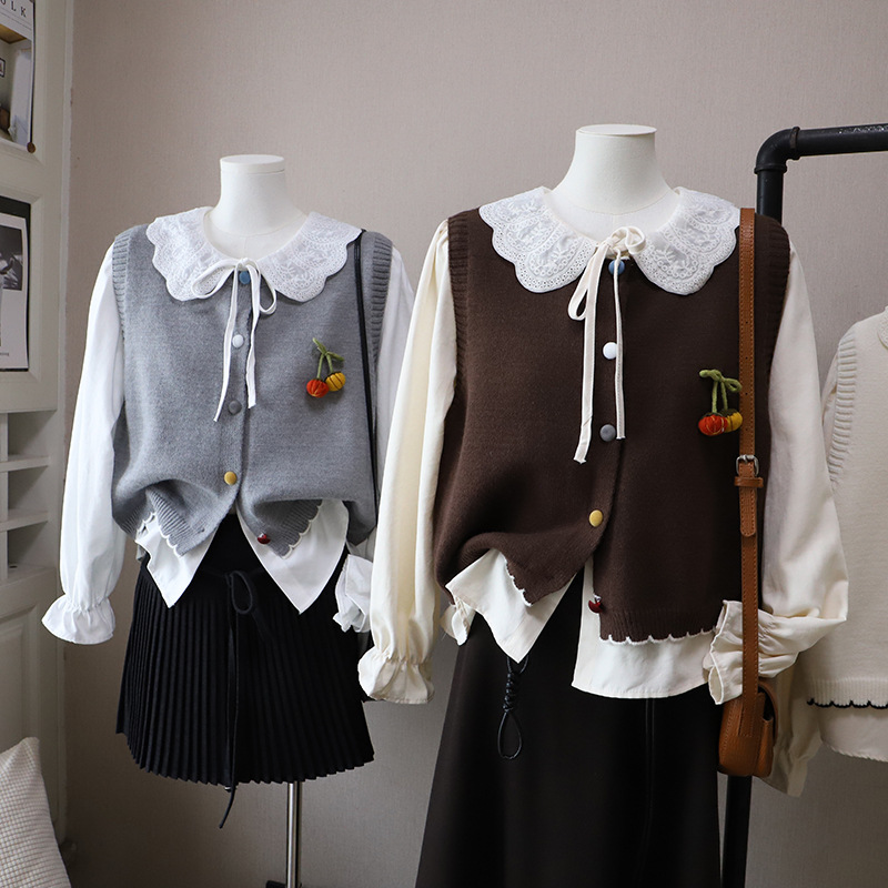 [比正]2025秋季新款韩版娃娃领衬衫撞色针织开衫马甲两件套女5315