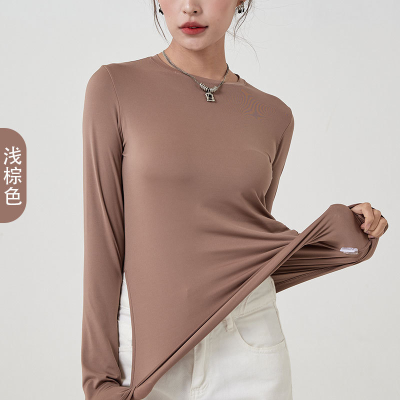 Primavera y verano nueva yoga de doble capa nube camisa suave de las mujeres cuello redondo dividido apretado deportes fitness superior desgaste exterior camisa de fondo