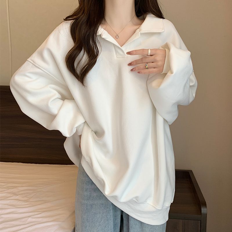 大码女士美式宽松长袖翻领卫衣女秋冬胖mm300斤oversize显瘦上衣|undefined
