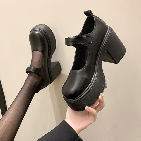 亮面高跟小皮鞋2025年春夏季新款黑色粗跟厚底鞋百搭法式复古女鞋