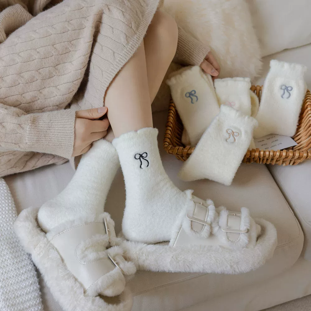 Keep warm Japanese knee socks for pregnant with bow, mid-length, with embroidery