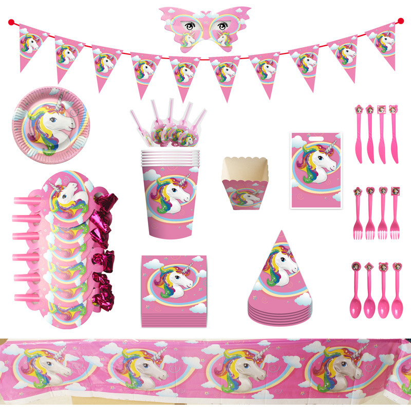 Amazon Cartoon Tableware Unicorn Balloon Hat Paper Cup Plate Flag Birthday Party Set Blow Cage Tablecloth