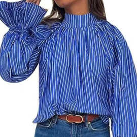 木耳边领宽松衬衫2025夏季新品欧美跨境长袖褶饰单排扣条纹女上衣