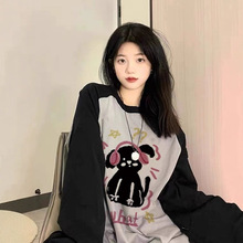 早秋复古纯棉猫咪长袖T恤女大码胖MM200斤插肩薄款打底衫上衣服潮