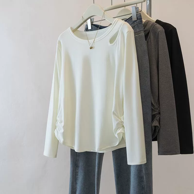 Женская рубашка больших размеров с асимметричным вырезом и плиссировкой, длинными рукавами, весна 2025, новый корейский стиль, свободного кроя, стройнящая, модная