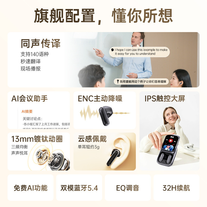 AI同時翻訳Bluetoothイヤホン、多言語録音・転写、タッチスクリーン操作、インイヤータイプ、軽量タッチスクリーン|undefined