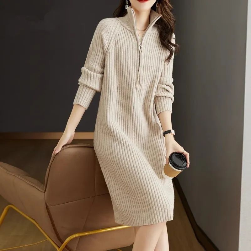 Western Style Mid-Length High-Neck Zipper Knitted Dress 2025 Autumn and Winter New Thickeneded Loose Bottoming Sweater for Women
