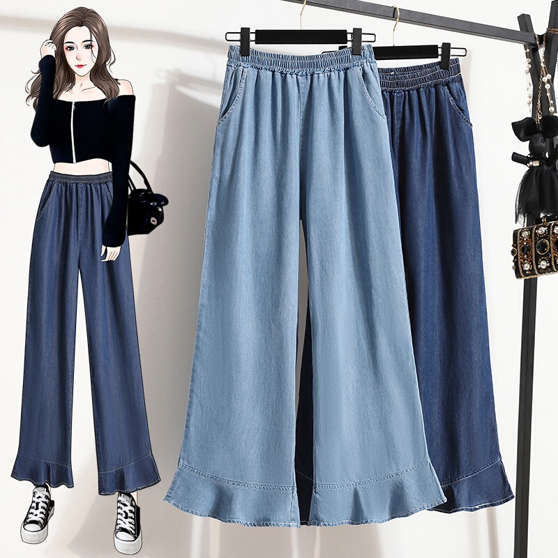 Real Shot of Tencel Cotton Denim Wide-Leg Pants for Women, Thin Loose Casual Pants, Slimming Ice Silk Flared Pants, Cropped Length