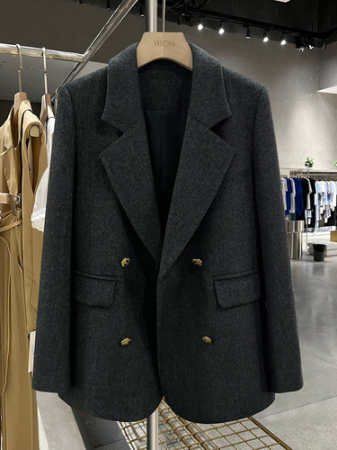 Women's Deep Gray Wool Blazer 2025 Autumn/Winter New Han Style Audrey Hepburn Inspired High-End Elegance Blouse