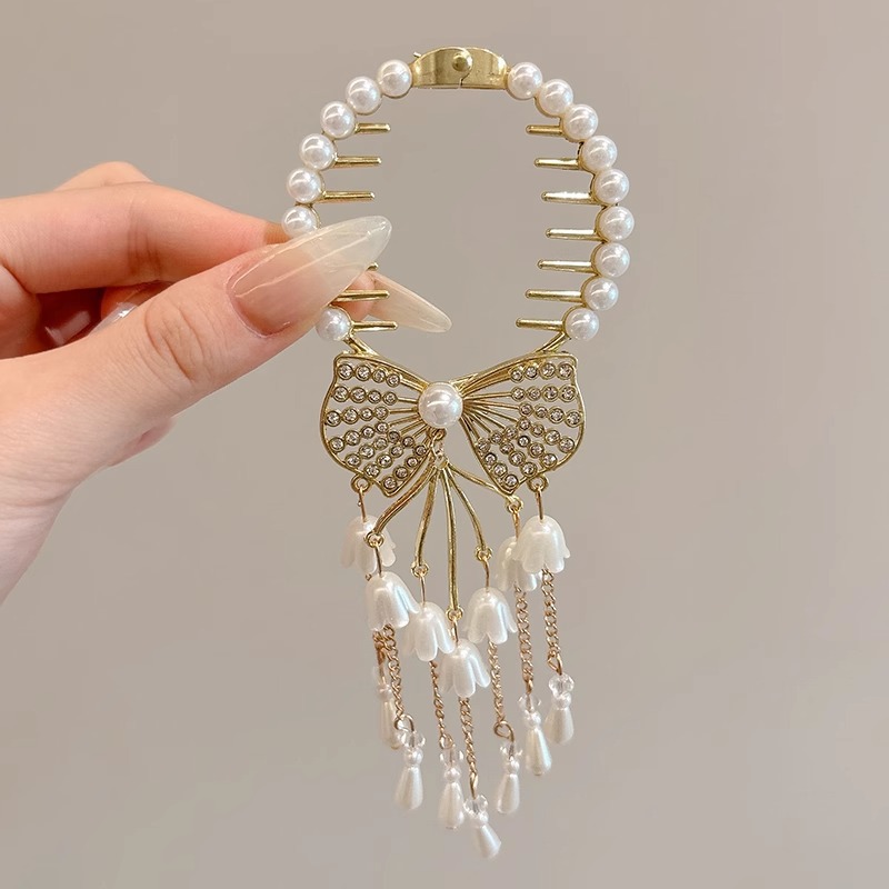 Nuevo estilo chino mariposa botón de cabello para mujeres de alta calidad flores de perla clips de cola de caballo lujoso clips de agarre de cabeza posterior falda de caballo adornamiento para el cabello