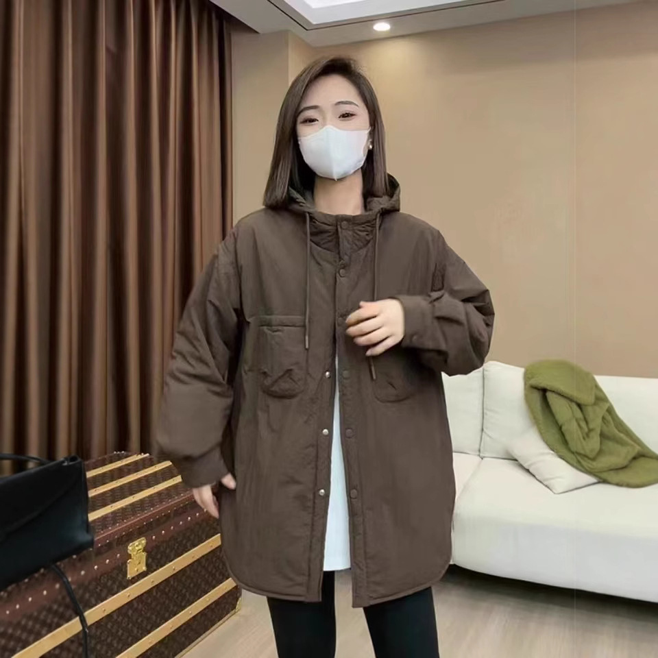 (2개) 가벼운면 패딩 재킷 여성의 가을과 겨울 2024 새로운 유럽 및 한국 상품 와이드 버전 셔츠면 패딩 코트 긴면 후드 코트