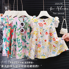 女童夏裝裙國風花A字擺洋氣公主蓬蓬兒童連衣裙碎花中童a類童裙