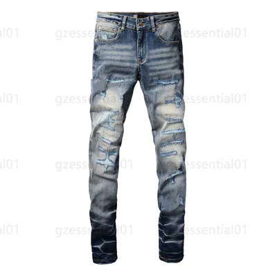 スポット春と秋のヨーロッパとアメリカのジーンズメンズストレッチスリムフィットパーソナライズロングパンツスプライシングリッピングレトロパッチパンツ|undefined