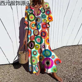 2024跨境亚马逊女装新款大码款缩褶欧美独立站印花气质通勤连衣裙