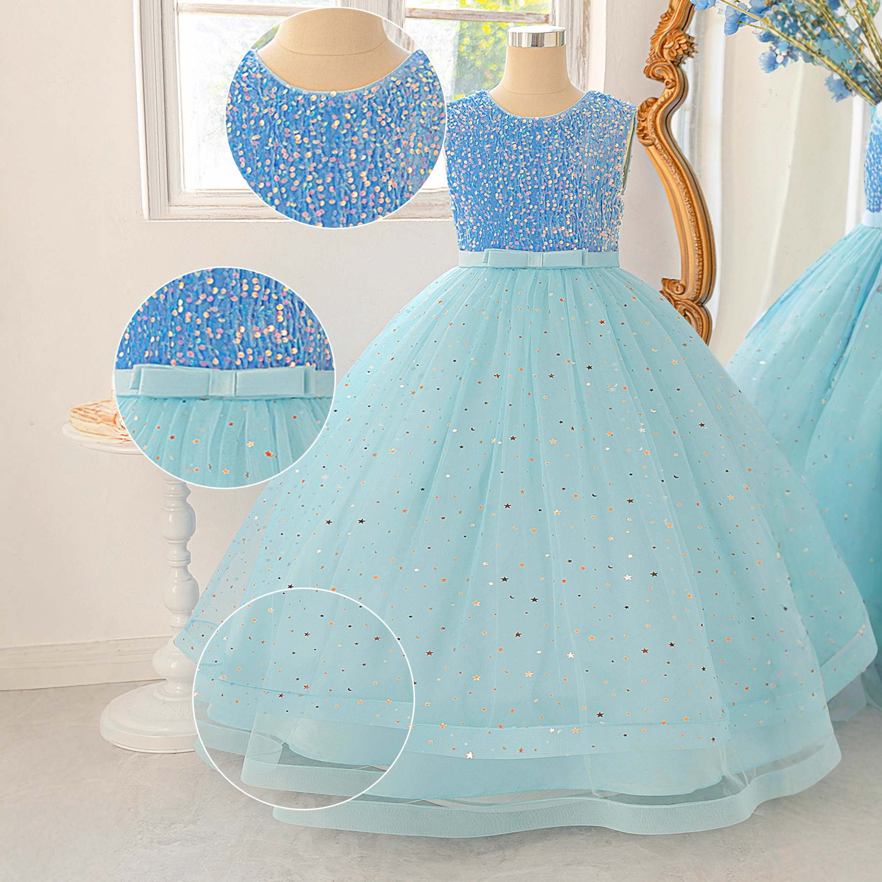 2025 primavera y verano niñas niños con lentejuelas vestido de noche de moda hilo de red esponjoso espectáculo de piano vestido de princesa vestido de noche