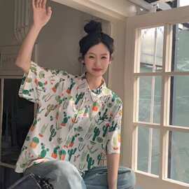 小清新夏威夷休闲短袖衬衫男女夏季新款宽松polo衫情侣衬衣上衣