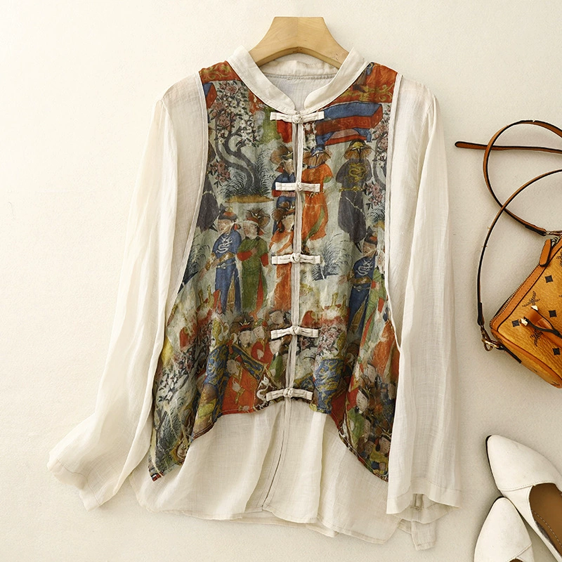 Реальный снимок новой весенней коллекции 2025 года: рубашка большого размера с контрастной цветной пластиночной пуговицей, в литературном стиле, из хлопка и льна, женская.