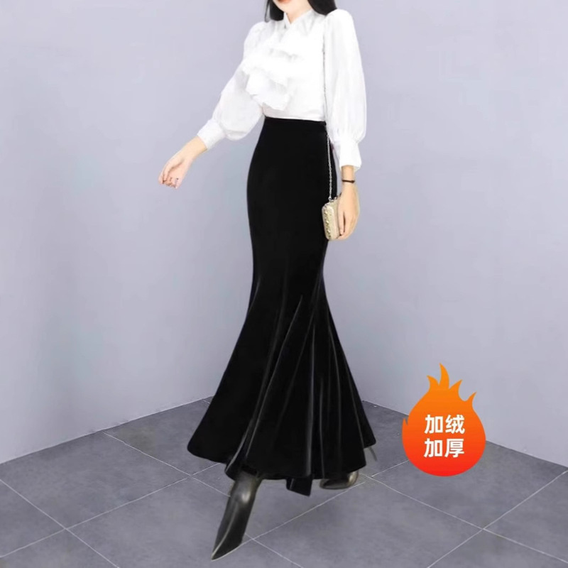 Gold Velvet Skirt Long Skirt New dress 2024 New French Fishtail Skirt Autumn and Winter Skirt Women